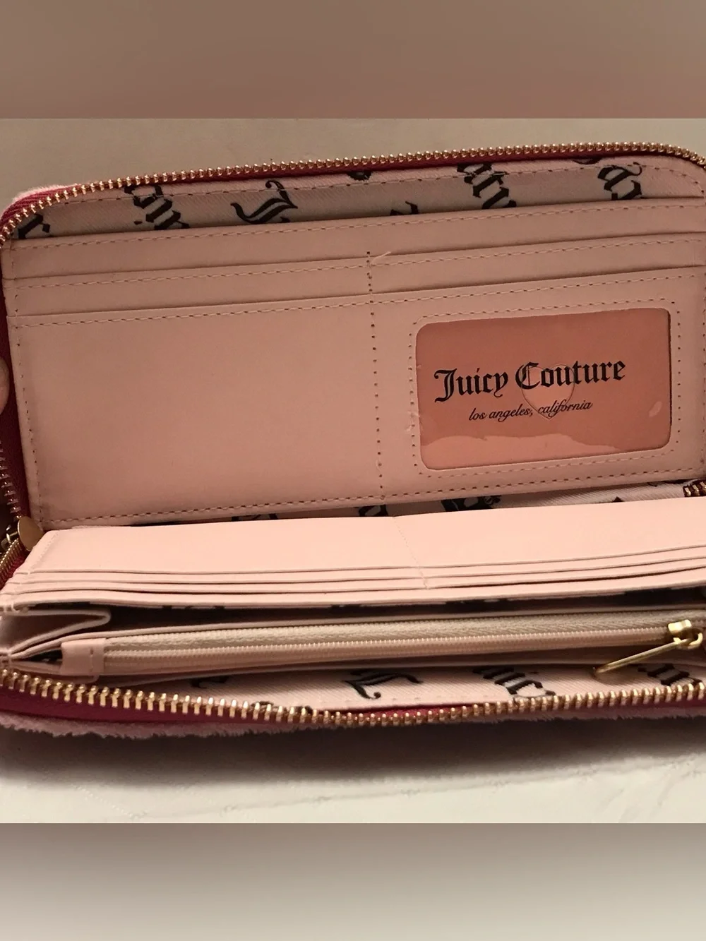 Juicy Couture Pink Velvet Logo Clutch with Magenta Embroidery